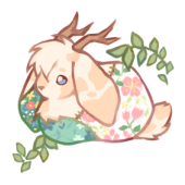art of a cute loafing jackalope with plushie patches